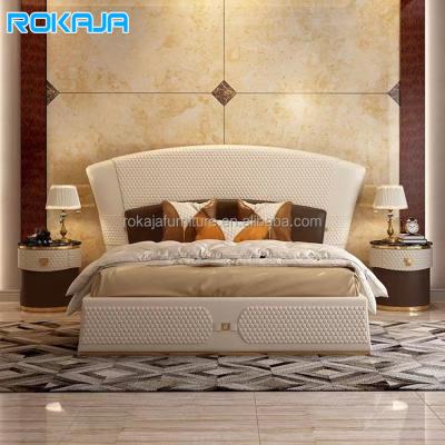 China (Size)Adjustable High End Custom Bedroom Double Bed Curved Headboard Leather Sponge Filled Upholstered Bed Home Villa Luxury Princess Bed for sale