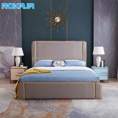 China Home Adult Upholstered Bed (Size) Bedroom Double Bed Frame Wooden Panel Bed Leather Stainless Steel Adjustable Headboard Hotel for sale