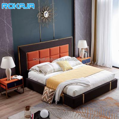 China Orange Soft Back Queen Size Headboard Leather Adult Bed (Size) Adjustable High End Home Sleep Villa Attic Luxury Bedroom Bed for sale