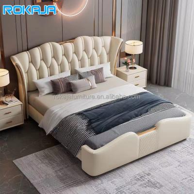 China Adjustable(Size) Customized Luxury Leather Soft Back Sleep Bed Design Stainless Steel Gold Sponge Button Bed Modern Couples Bedroom Wedding Bed for sale