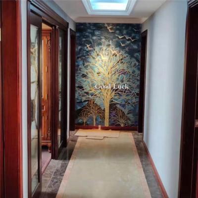 China Blue Glass Mosaic Mural Lily Flower Parquet Floor Wall Art Modern Unique Decor for sale