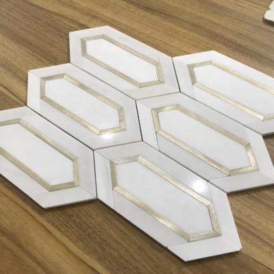 China Parquet Peel and Stick Aluminum Inlay White Marble Mosaic Slab for sale