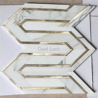 China Parquet white marble mix brass mosaic slab in berlinetta, kitchen or bathroom backsplash slab for sale