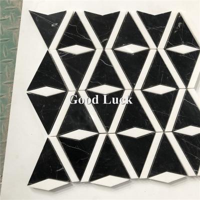 China Parquet Black Nero Marquina Mix Thassos White Marble Mosaic For Bathroom for sale