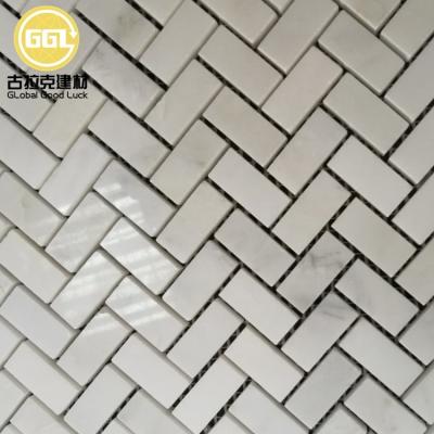 China White Marble Herringbone Parquet China Mosaic Floor And Wall Slab Mesh-mounted for sale