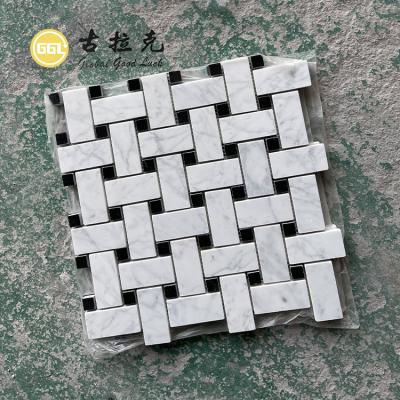 China Polished Carrara White Marble Parquet Basketweave Mosaic Slab With Black Marble Dots for sale