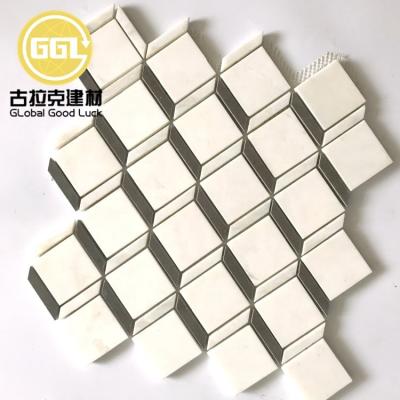 China Parquet Illusion Marble Mosaic Slab - 3D Step Cube Pattern Mosaic with White and Gray Marble - Polished for sale