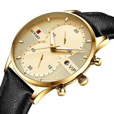 China Factoryy Fashion Gold Ledther Strap Men's Chronograph Award High Quality Black Round Quartz Watch Wrist Watch Reloj Chronograph for sale