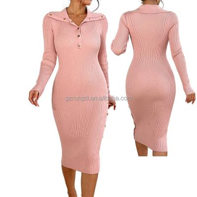 China Wholesale Custom Made Anti-static Ladies Long Sleeve Turn-Down Collar Elegant Autumn Sweater Dresses For Women for sale