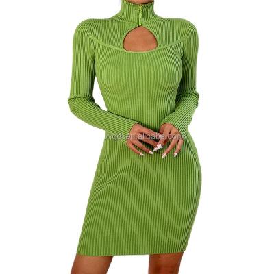 China Anti-Static OEM Customized Green Long Sleeve Turtle Neck Rib Knit Cut-Out Dress for sale