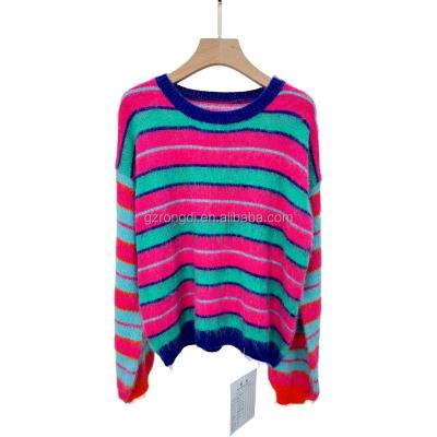 China Anti-pilling 2023 Custom Fuzzy Thick Knitwear Knit Mohair Fur LOGO Stripe Color Crew Neck Women Sweaters for sale