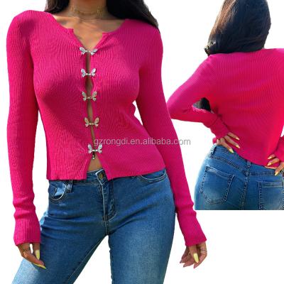 China Anti-pilling New 2023 European Design Hollow Out Sexy Slim Waist Sweater Women Knitted Tops for sale