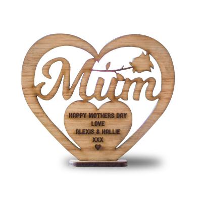 China Europe Mother's Day Ornament Wooden Heart Letter Hollow Letter Laser Cut Wooden Crafts Happy Mother's Day Ornament for sale