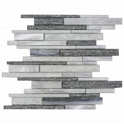 China Parquet Strips Silver and Gray Glass Mixed Metal Mosaic Tile Glass For Decorative Backsplash for sale