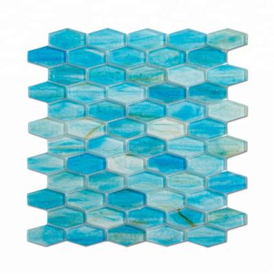 China Long Parquet Style High End Modern Blue Hexagon Glass Mosaics For Bathroom Kitchen Wall Slab for sale