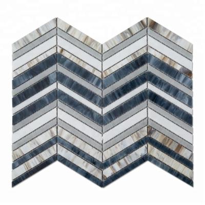 China Wholesale Parquet Blue Mixed Glass White Chevron Mosaic Slab for sale