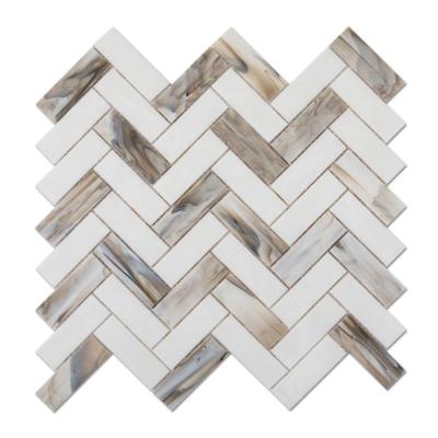 China Parquet Color Stained Slab Glass Herringbone Mosaic Patterns For Wall for sale