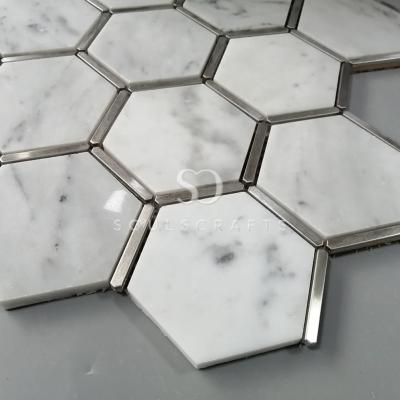 China Soulscrafts 75mm Flooring Wooden White Light Grain Norway Gray Stainless Steel Mixed Hexagon Blue Marble Mosaics Slab for sale