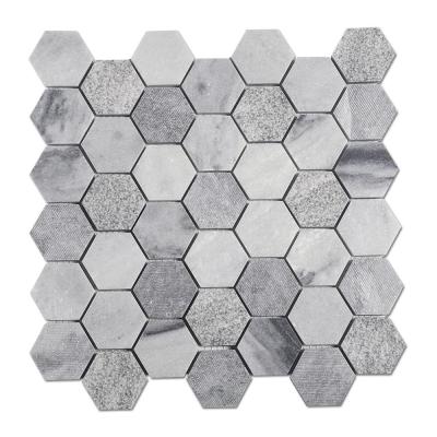 China Flooring Soulscrafts White and Gray Hexagon Rain Clouds Marble Mosaic Slab for sale