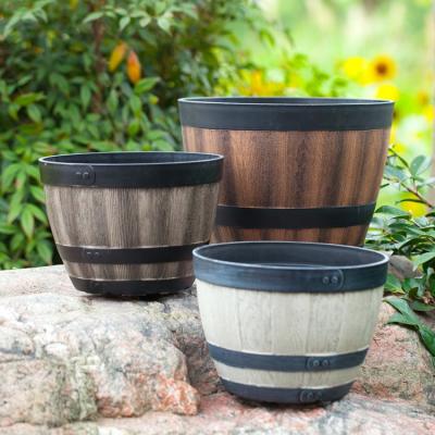 China American Plastic Wooden Round Bucket Planter Flower Pot Barrel Style Outdoor Garden Decoration Used With Flower Green Plant for sale