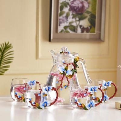 China Wholesale Europe Gift Mug With Clear Enamel Flower Tea Coffee Drinks Water Glass Mug Set With Metal Handle In Porcelain for sale