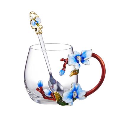 China Europe Color Enamel Water Glass Flower Tea Cup Coffee Mug With Handle And Crystal Spoon For Drinking Water Tea Business Gift for sale