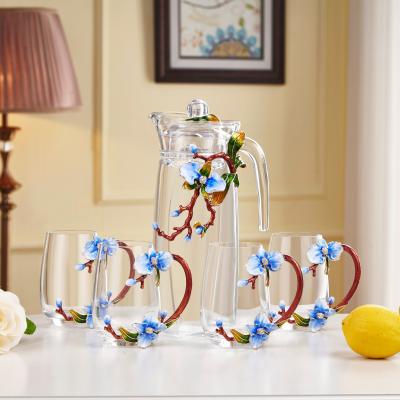 China Europe High Quality Exquisite Enamel Blue Flower Crystal Glass Kettle Set for sale