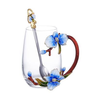 China Wholesale Europe Handmade Modern Flower Enamel Crystal Lead-Free Glass Tea Cup with Spoon Set for sale