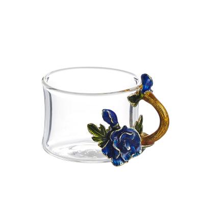 China Hot Sale Europe Blue Rose Flower Tea Cup Glass Enamel Mug For Gift for sale