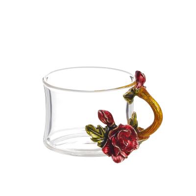 China Hot Sale Europe Red Rose Flower Tea Cup Enamel Glass Mug For Gift for sale