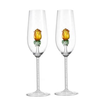 China Europe 2pcs Champagne Glasses Gold Rose Shaped Inside Diamond Stem Crystal Wine Glass Cup for sale