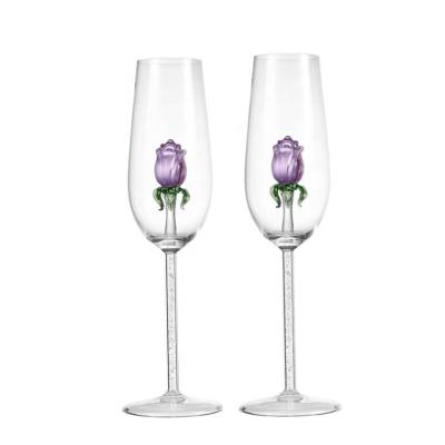 China Europe 240ml Long-Stem Purple Rose Inside Flutes Champagne Glasses With Diamond Decoration for sale