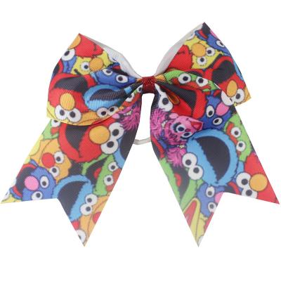 China Beautiful 6 inch hair bows made by lovely ribbon cartoon cheer hair bows with pony for sale