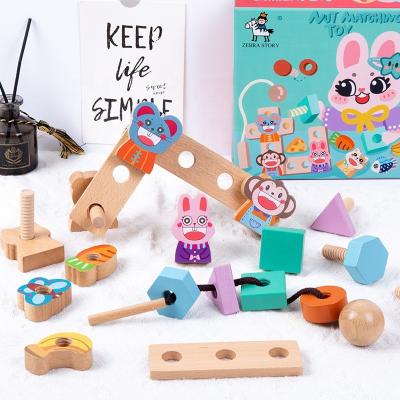 China Wooden Wooden Game Toy Shape Matching Threading Building Nuts Assembly Blocks Disassembly Kids Nuts Toy Set for sale