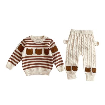 China Anti-Shrink Winter Suit Cartoon Infant Knitting Newborn Striped Sweater Pants 2 Sets Baby Clothes for sale