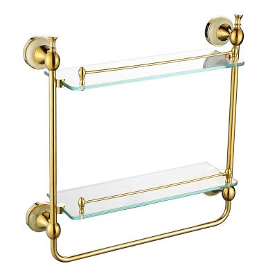 China Bolt Inserting Type 2 Tiers Double Tier Bathroom Glass Shelf Gold Color Wall Mounted Stainless Steel Bathroom Glass Shelf for sale