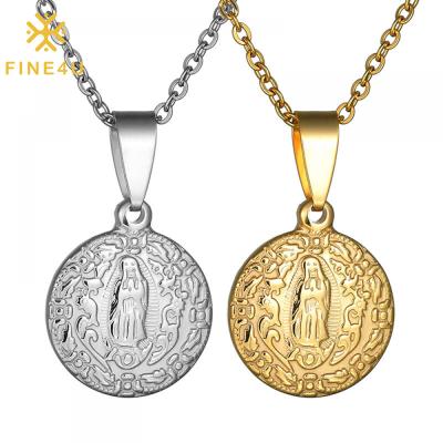 China Virgin Mary Necklace Stainless Steel Medal Gold Coin Embossed Round Pendant Religious Religious Jewelry for sale