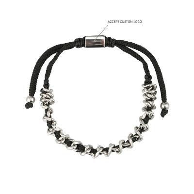 China FASHIONABLE Hip Hop White Bar Stainless Steel Rope Mens Adjustable Black Braided Bracelet for sale