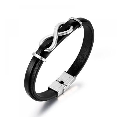 China TRENDY Multilayer Leather Bracelet Titanium Steel Men's Bracelet Fashion Hand Rope Leather Bracelet for sale