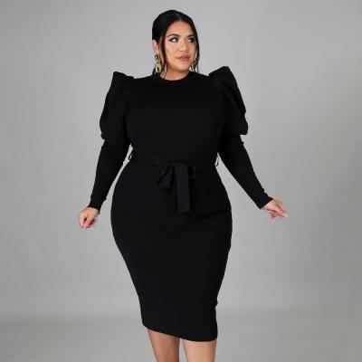 China Elegant Office Lady Dress Long Sleeve Plus Size Women Elegant Turtle Neck Belted Bodycon Midi Dresses for sale