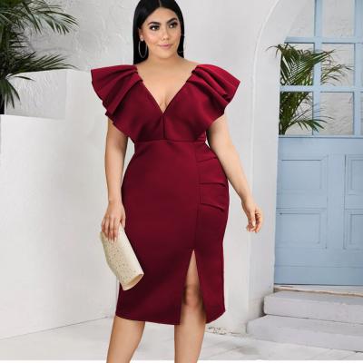 China Viable Women Fashion Dresses Deep V Neckline Ruffles Sheath Pleated Plus Size Dress Evening Birthday Party for sale