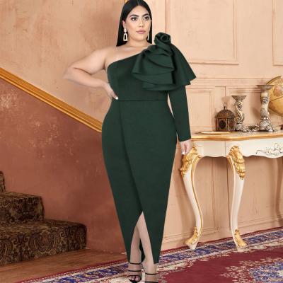 China Viable plus size elegant women one shoulder long sleeve ruffles split even dressy dress for sale