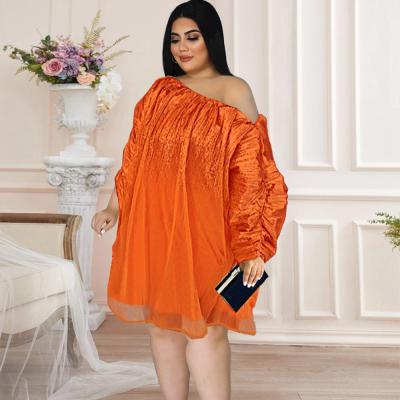 China Viable Orange Loose Dresses Women Off The Shoulder Pullover See Through Causal Sleeve Ladies Party for sale