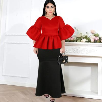 China Sustainable Women Plus Size 2 Piece Sets Peplum Tops With Solid Maxi Skirt Office Wear New Sets for sale