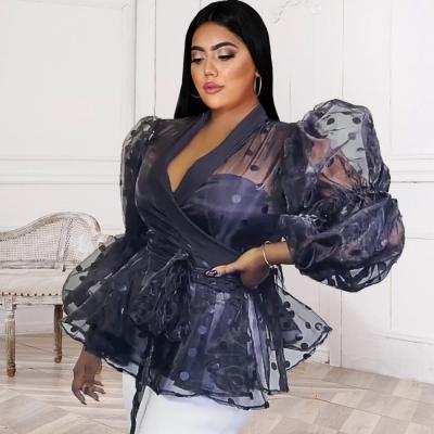 China Women Polka Dot Mesh Blouse See Through Puff Sustainable Sleeve Transparent Plus Size Tops for sale