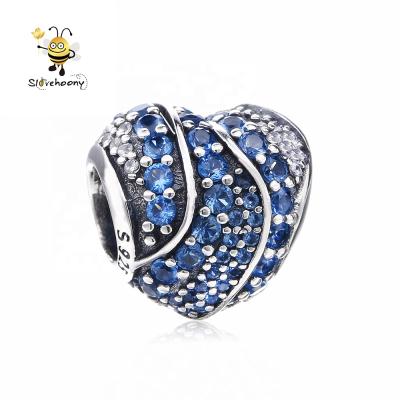 China 925 Sterling Silver Crystal Beads Slovehoony 925 London Blue Stone Charms Heart Shaped Beads For DIY Jewelry Making for sale