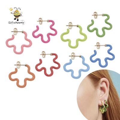 China 2021 Colorful Jewelry Sterling Silver For Women Earrings 925 Enamel Tone Asymmetrical Flower Stud Earrings European Fashion TRENDY 2 for sale