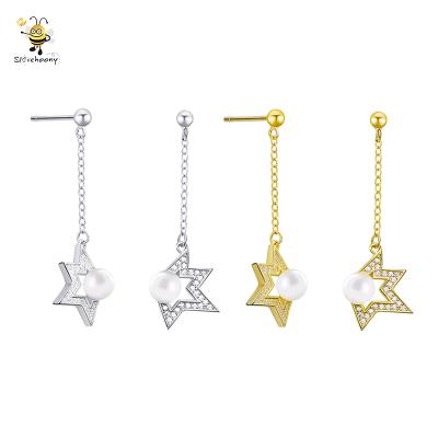 China Fashion 18k Gold Plated 925 Sterling Silver Ladies Star Drop Charm Zircon Frame Stud Earrings With White Pearl for sale