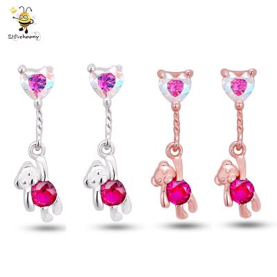 China Fashion Slovehoony Brincos 925 Sterling Silver Pink Bling Bear Cute Animal Drop Earrings With Heart Crystal Stone for sale