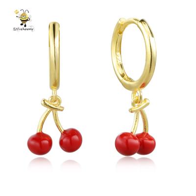 China Slovehoony Cherry Huggies Hoop Earrings Red Circle 925 Sterling Silver Enamel Fruit Huggies Earrings Cute Earrings For Woman Jewelry for sale